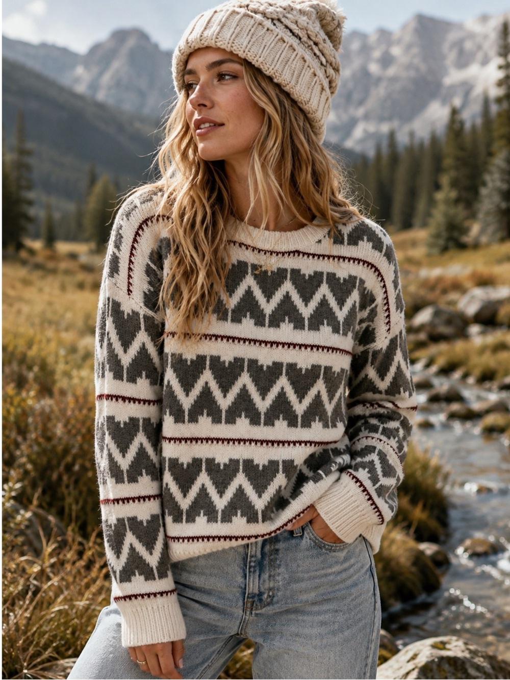 LA MEIL Knit Sweater Women’s Size Small Fair Isle Boho Pullover Cream Gray New